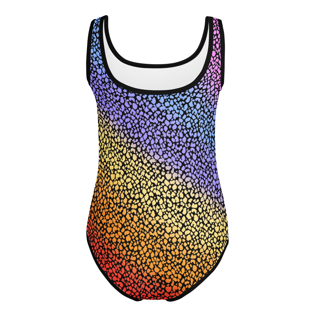 Girls colorful rainbow gradient leopard print one-piece swimsuit with black trim made of buttery soft quick-dry fabric