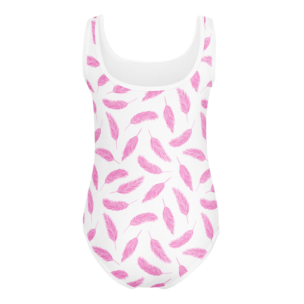 Girls pink feather print buttery soft white one-piece swimsuit quick drying for dance and gymnastics