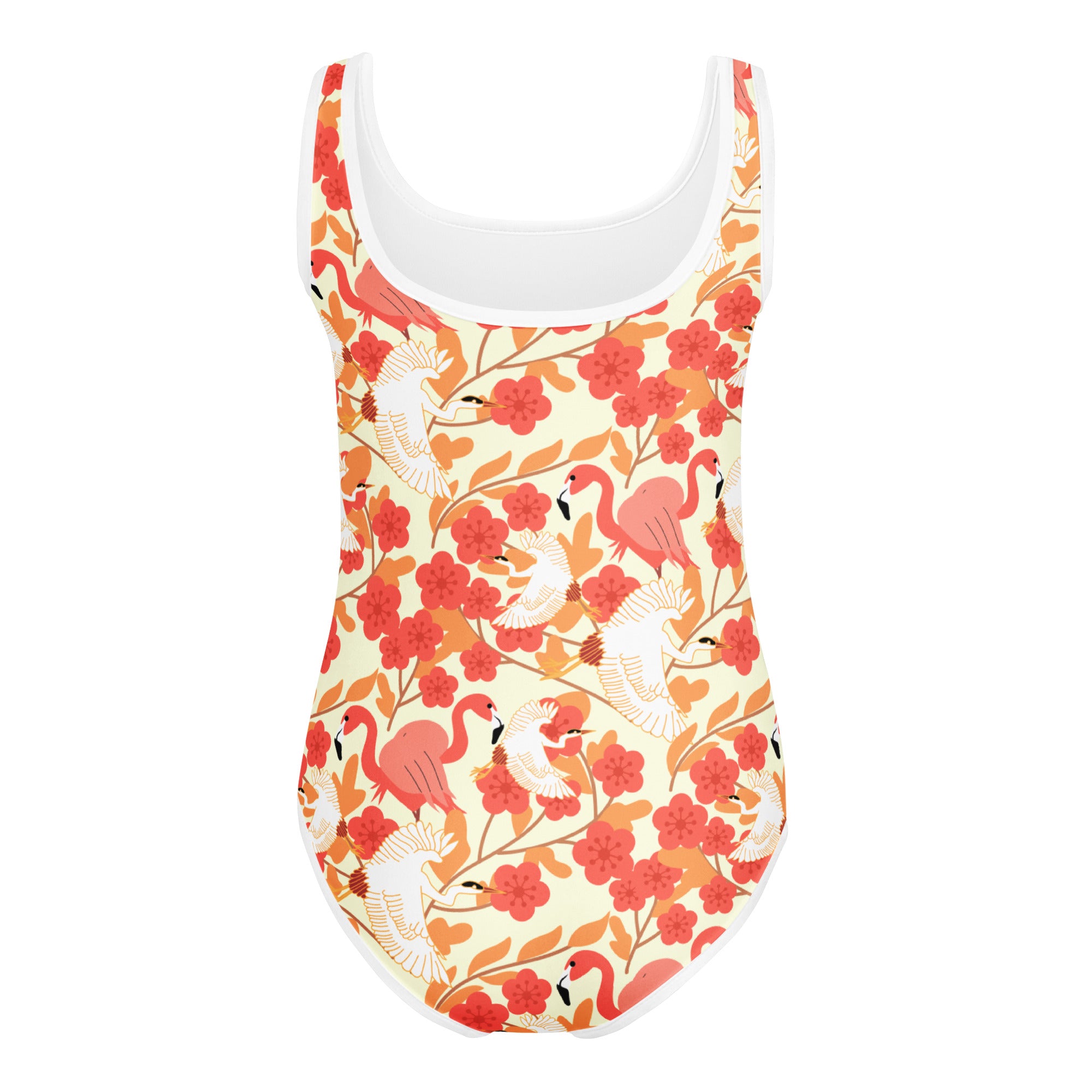 A girls floral flamingo and pelican quick drying buttery soft leotard with coral and white print on cream base
