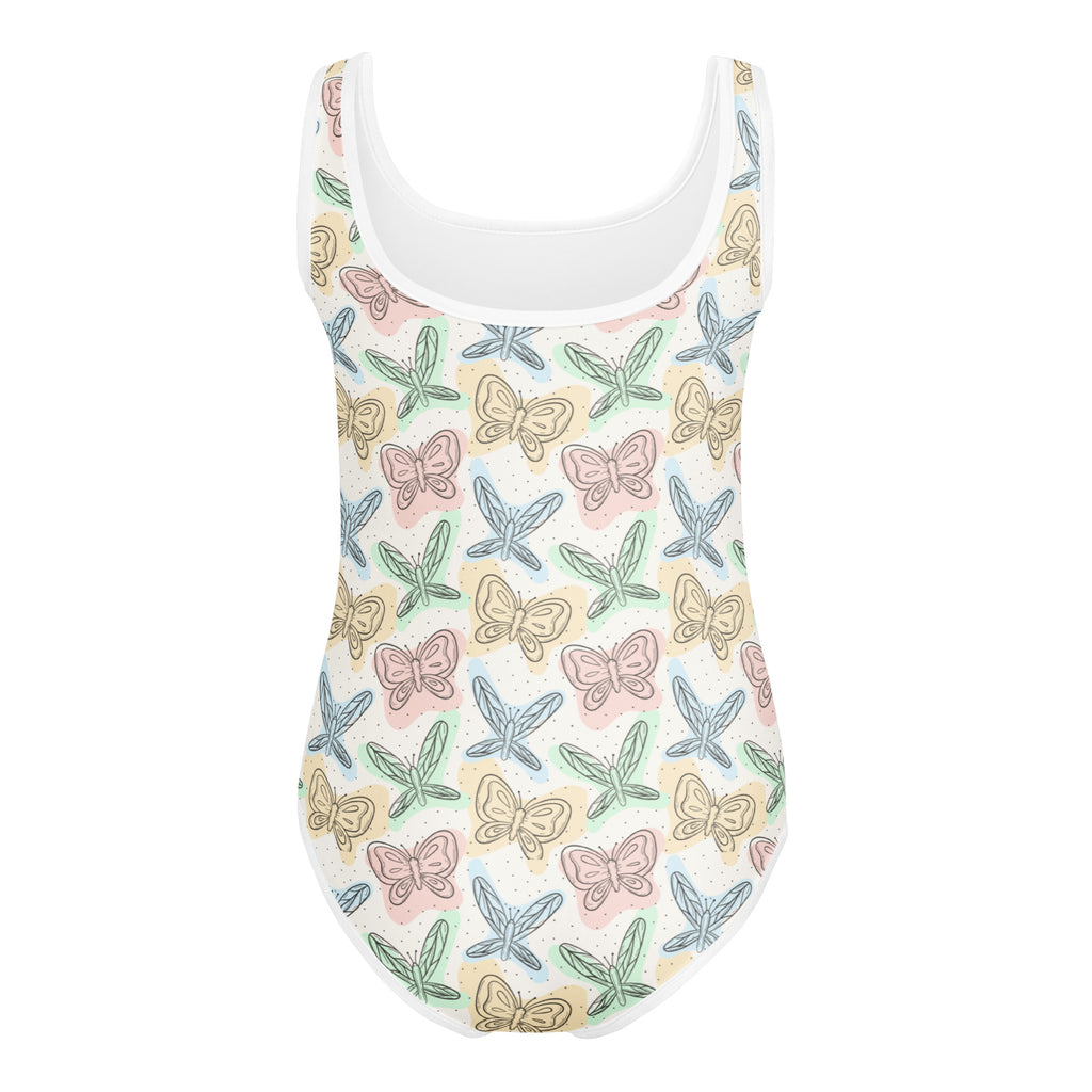 Girls colorful pastel butterfly and dragonfly buttery soft white one-piece swimsuit with quick drying for dance and gymnastics