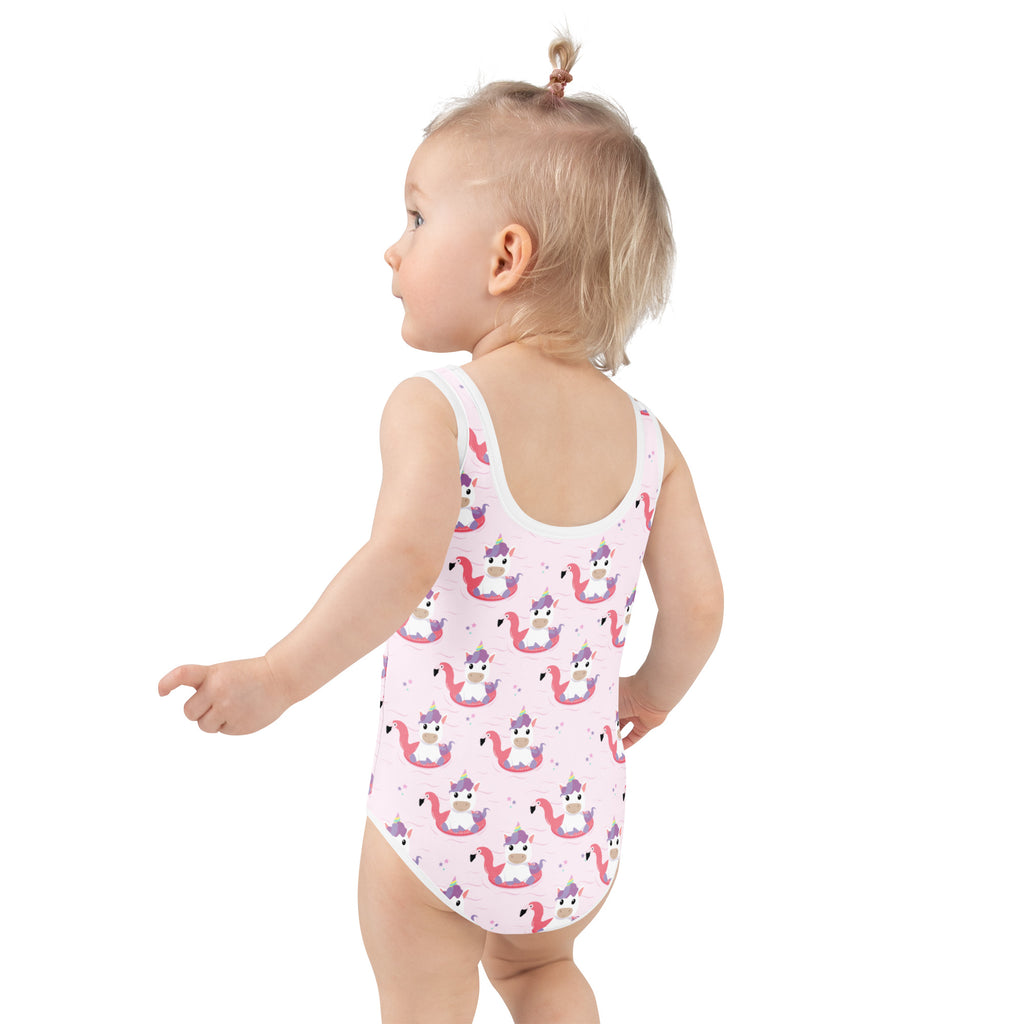 Pink girls one-piece swimsuit with cartoon unicorns riding flamingos buttery soft fabric upf 50 plus double layered front