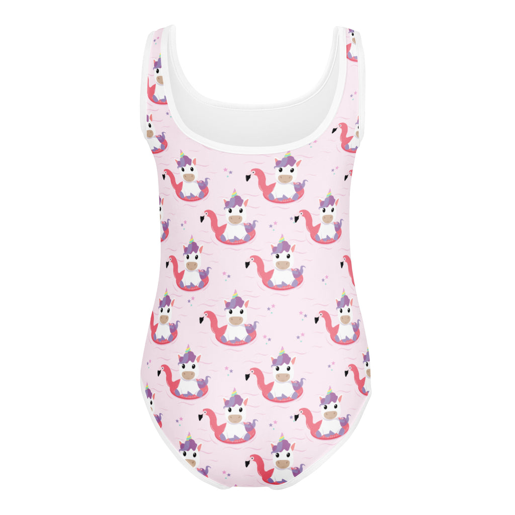 Pink girls unicorn flamingo float buttery soft quick drying one-piece swimsuit with white trim for dance and gymnastics