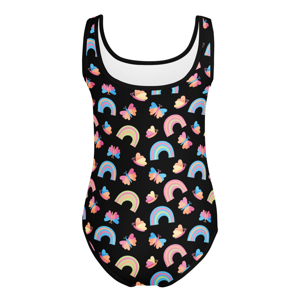 Black girls one-piece leotard with pastel rainbow and butterfly pattern buttery soft quick drying for dance and gymnastics