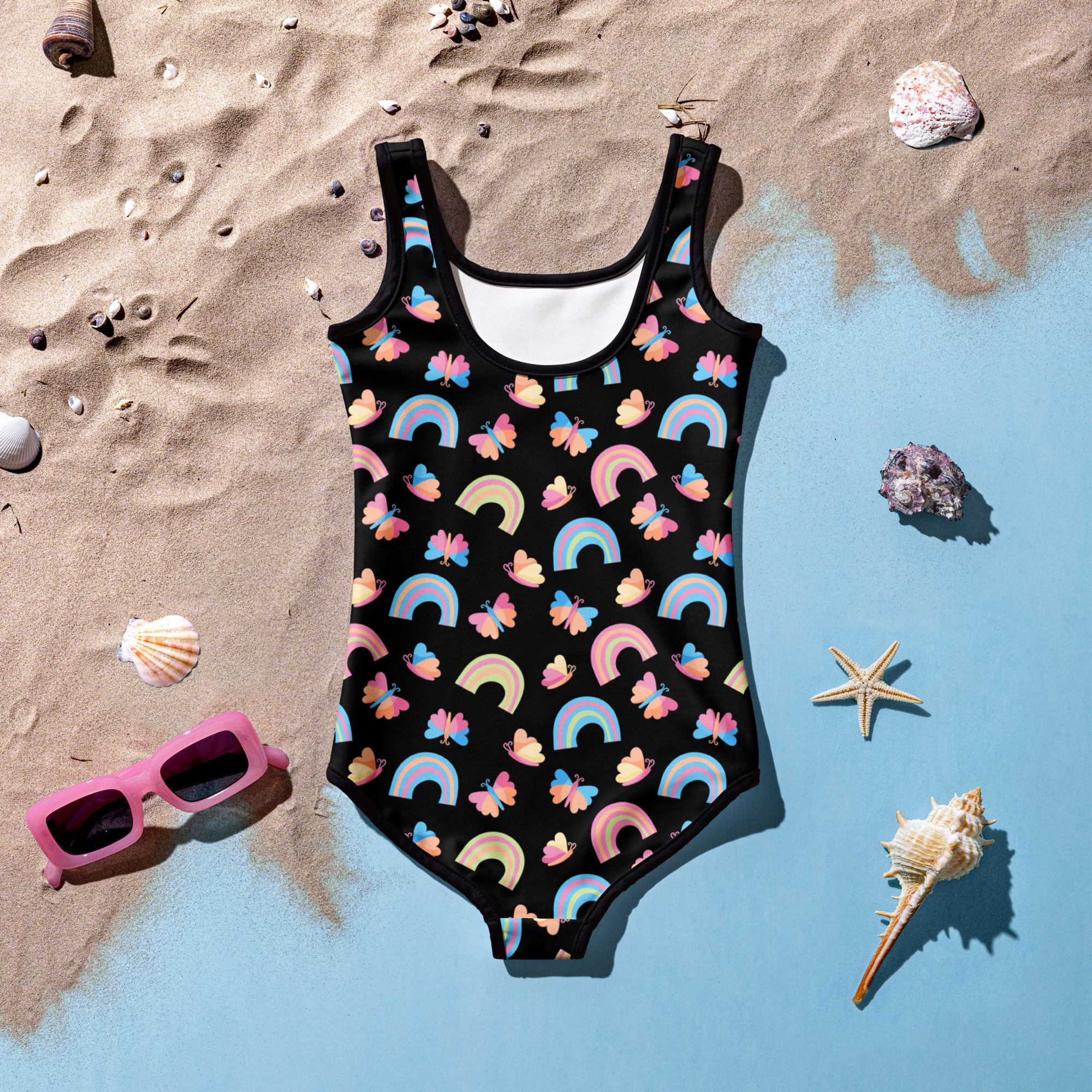 Black girls one-piece swimsuit with pastel rainbow arcs and multicolored butterflies buttery soft upf 50 double layered front