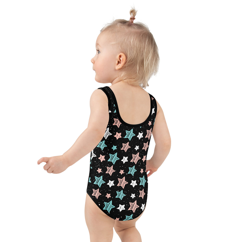 Black girls one-piece swimsuit with pastel pink white and teal star pattern buttery soft fabric UPF 50 plus double layered front