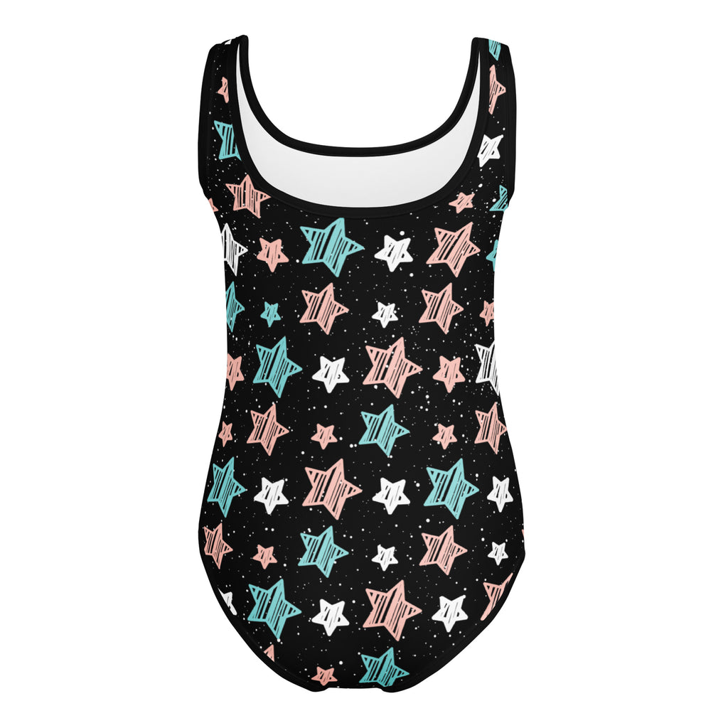 Girls starry night doodle stars buttery soft black leotard with pastel pink teal and white stars quick drying for dance