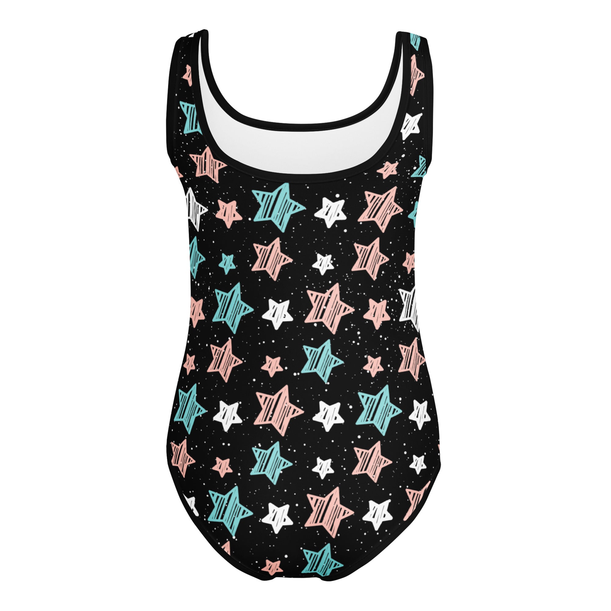 Girls starry night doodle stars buttery soft black leotard with pastel pink teal and white stars quick drying for dance