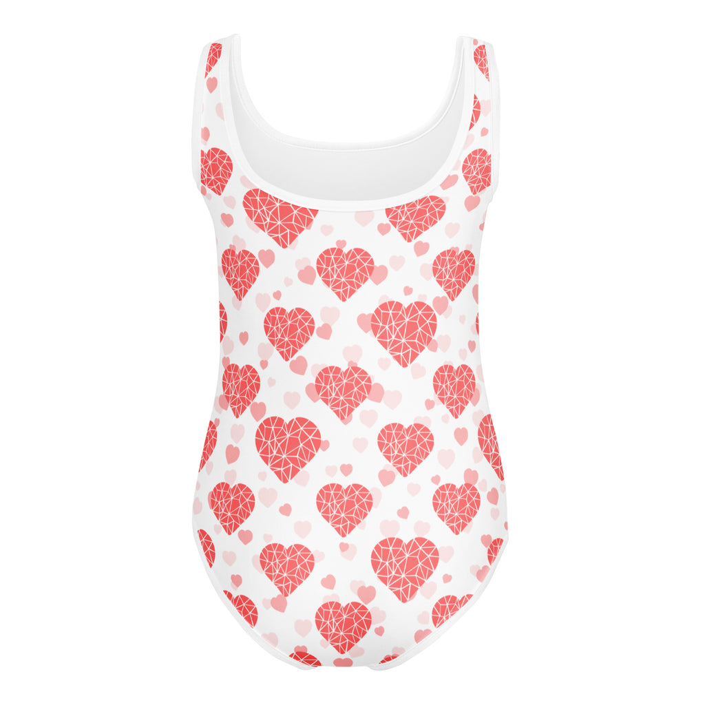Girls crystal heart buttery soft white leotard with pink coral geometric hearts quick drying for dance and gymnastics