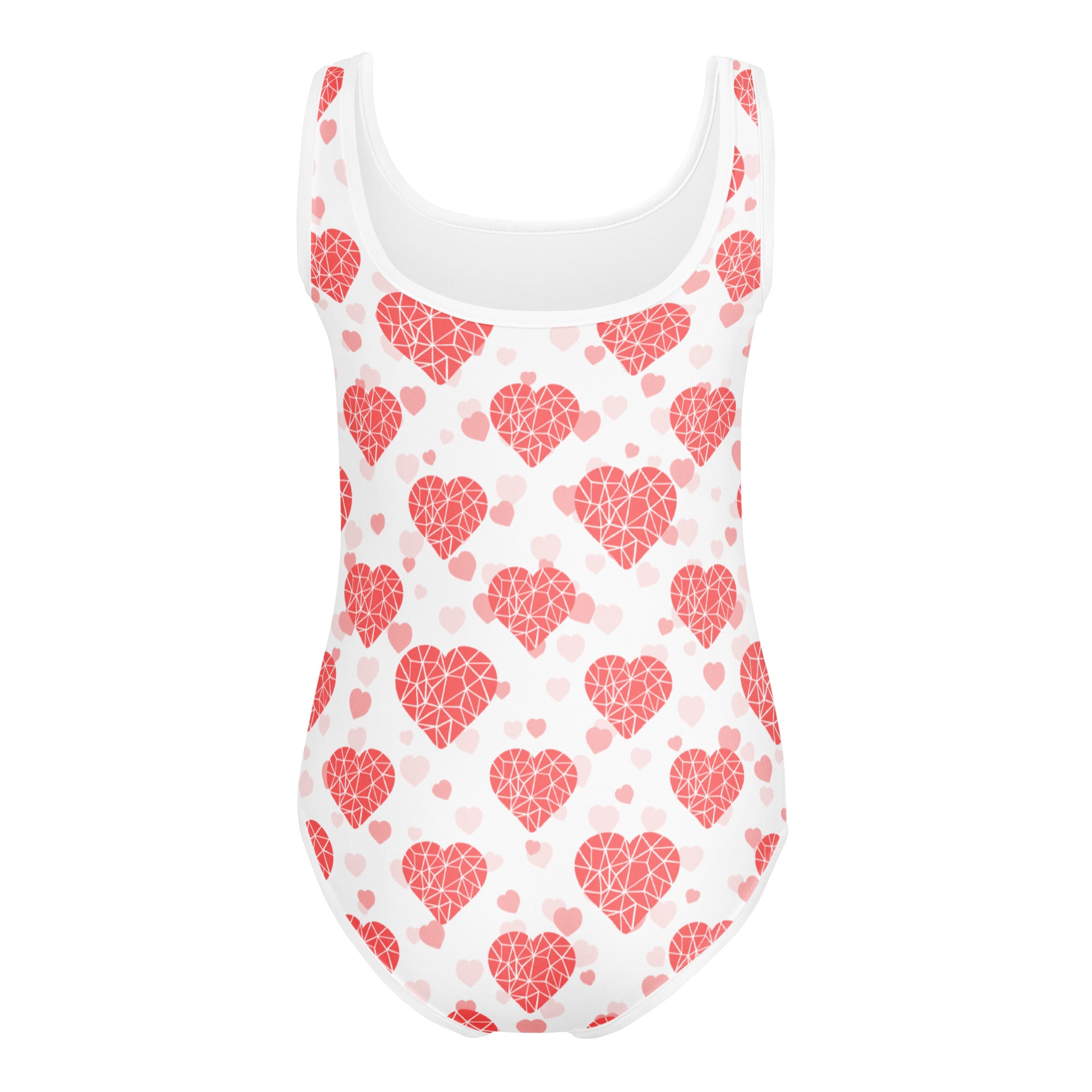 Girls crystal heart buttery soft white leotard with pink coral geometric hearts quick drying for dance and gymnastics