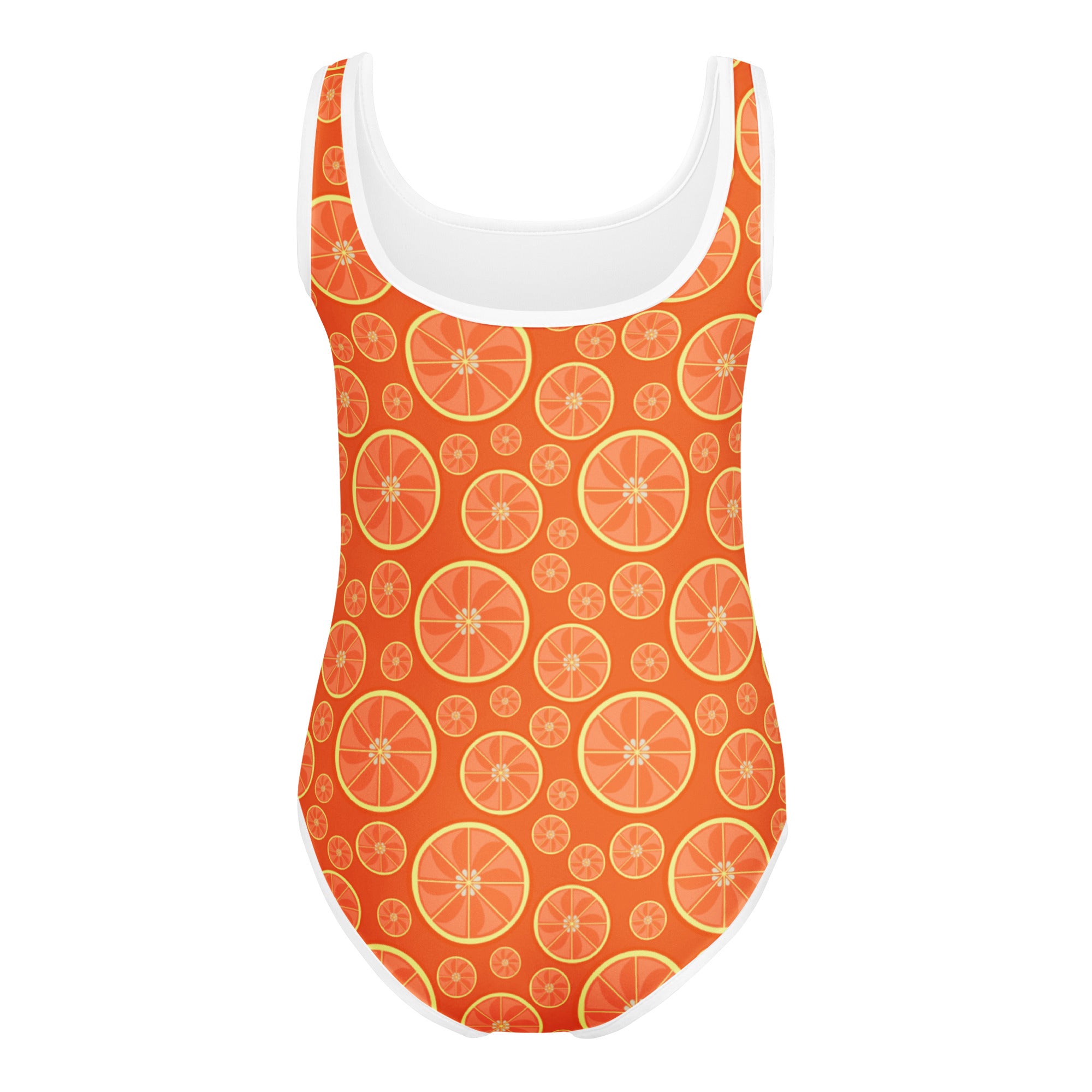 A vibrant orange girls leotard with sliced orange pattern yellow outlines white trim quick drying for dance and gymnastics