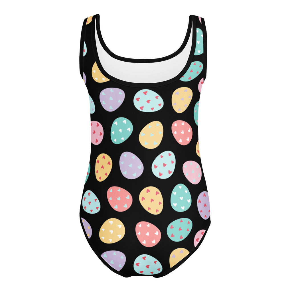 Girls colorful Easter eggs buttery soft black one-piece leotard with pastel egg hearts for dance and gymnastics