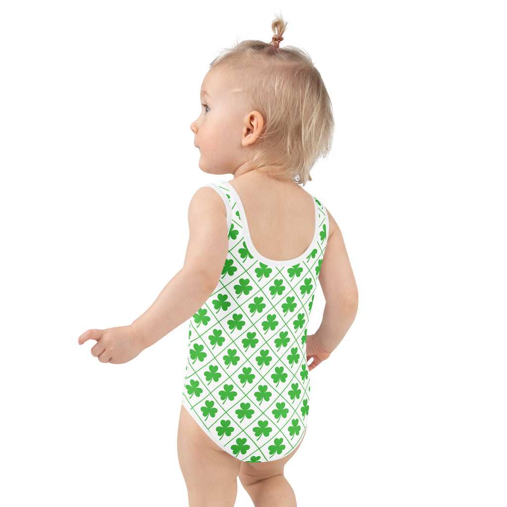 Girls st patricks day white one-piece swimsuit with green shamrock pattern buttery soft fabric upf 50 plus