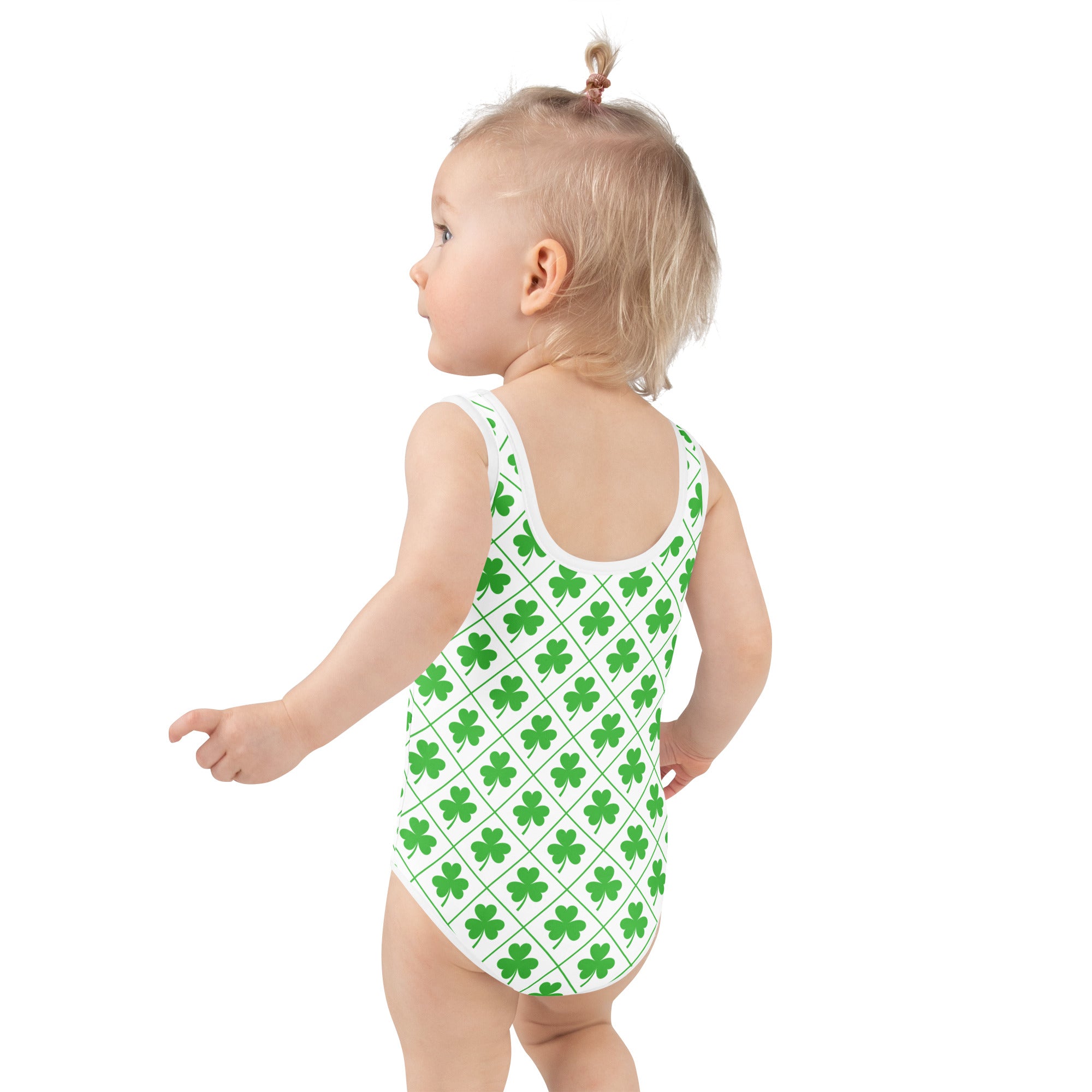 Girls st patricks day white one-piece swimsuit with green shamrock pattern buttery soft fabric upf 50 plus