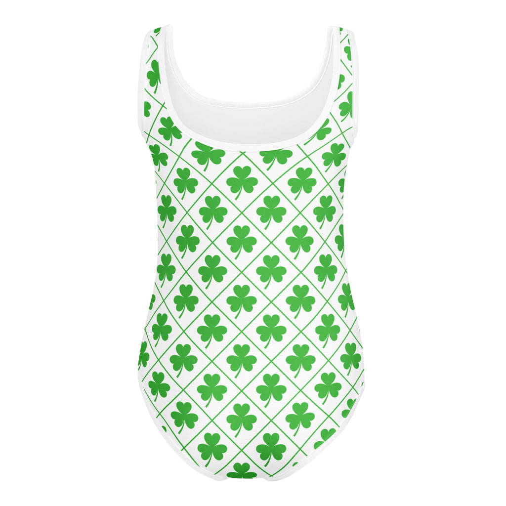 Girls shamrock clover buttery soft white one-piece swimsuit with green shamrock diamond grid pattern for dance and gymnastics