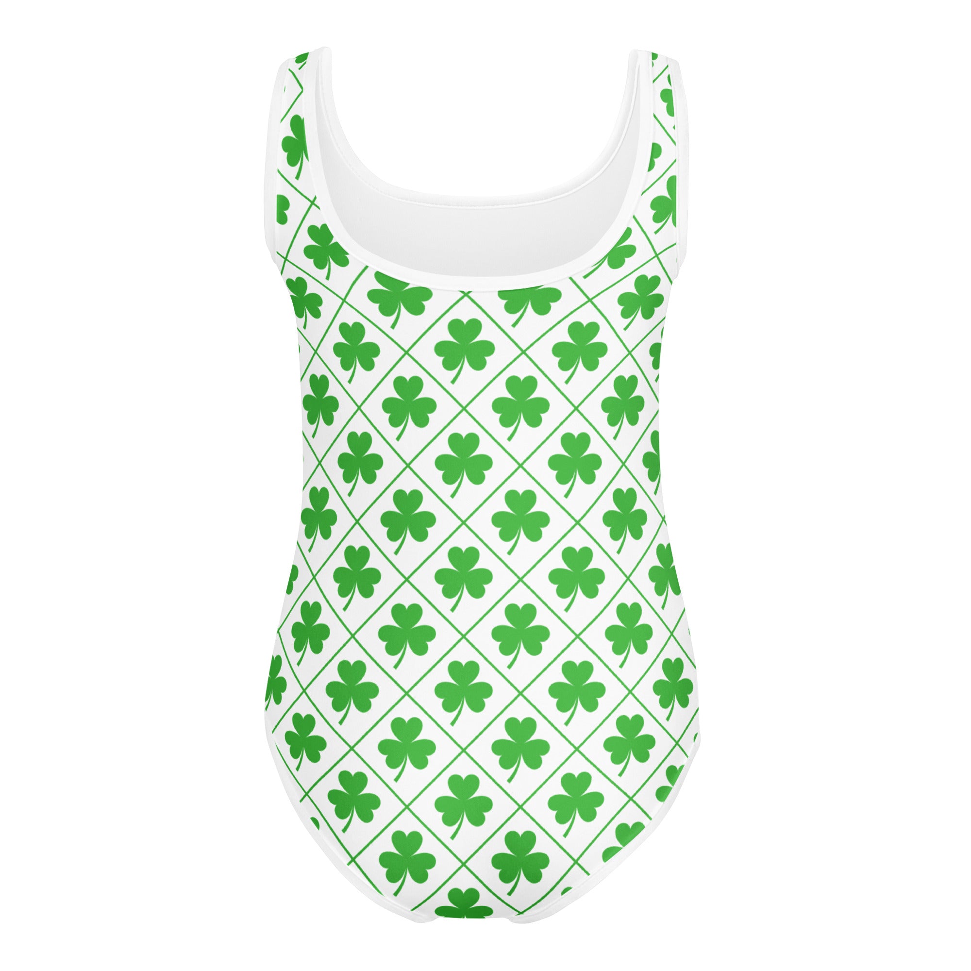 Girls shamrock clover buttery soft white one-piece swimsuit with green shamrock diamond grid pattern for dance and gymnastics