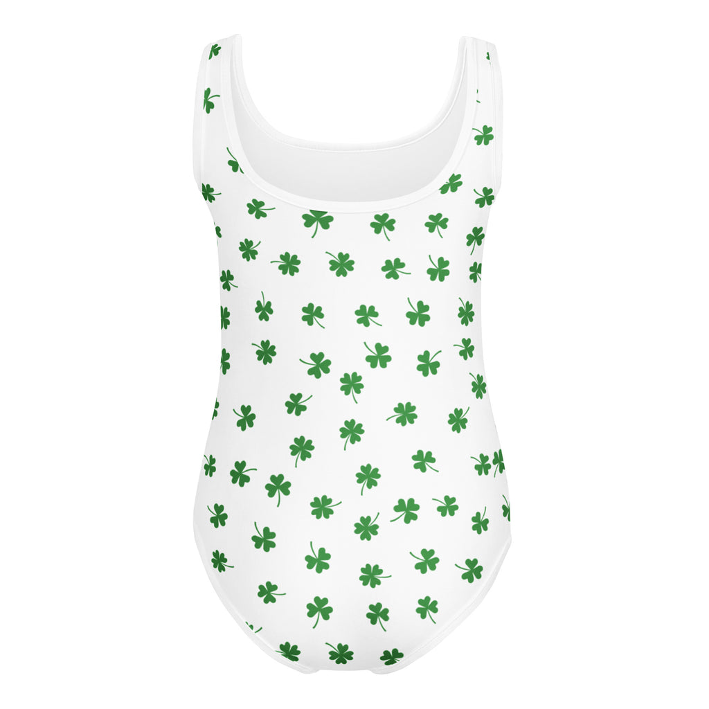 Girls scattered shamrock buttery soft white one-piece swimsuit with green four-leaf clover pattern for dance and gymnastics