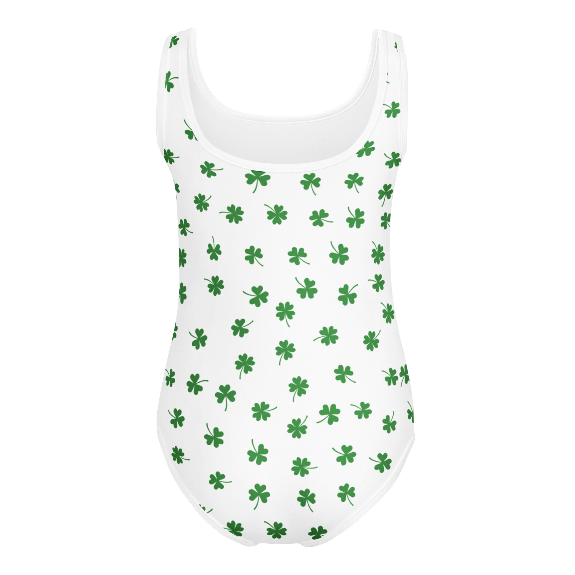 Girls scattered shamrock buttery soft white one-piece swimsuit with green four-leaf clover pattern for dance and gymnastics