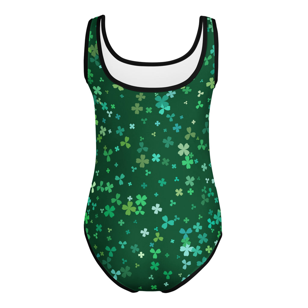 Girls green st patricks day buttery soft leotard with shamrock pattern black trim square neckline quick drying for dance