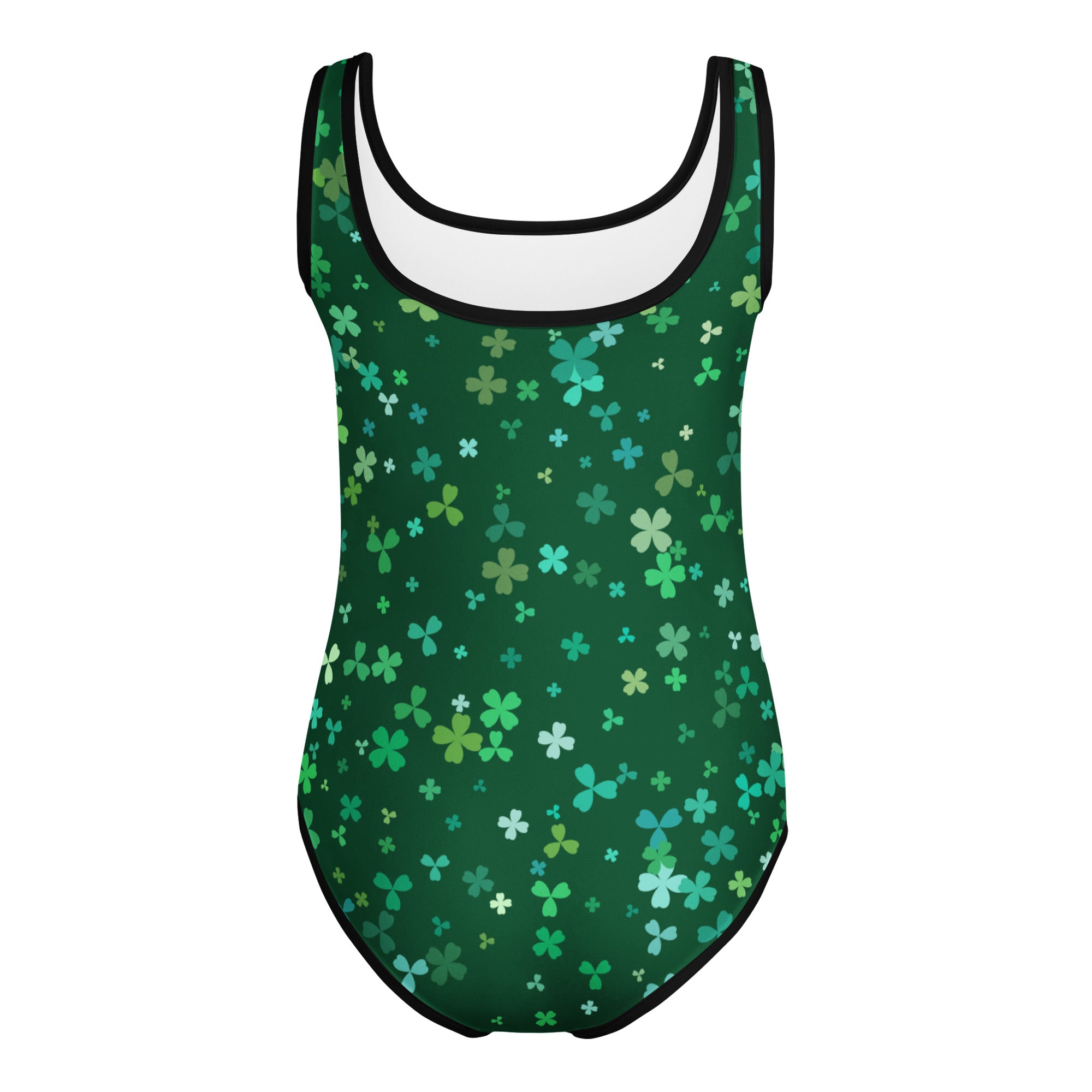 Girls green st patricks day buttery soft leotard with shamrock pattern black trim square neckline quick drying for dance