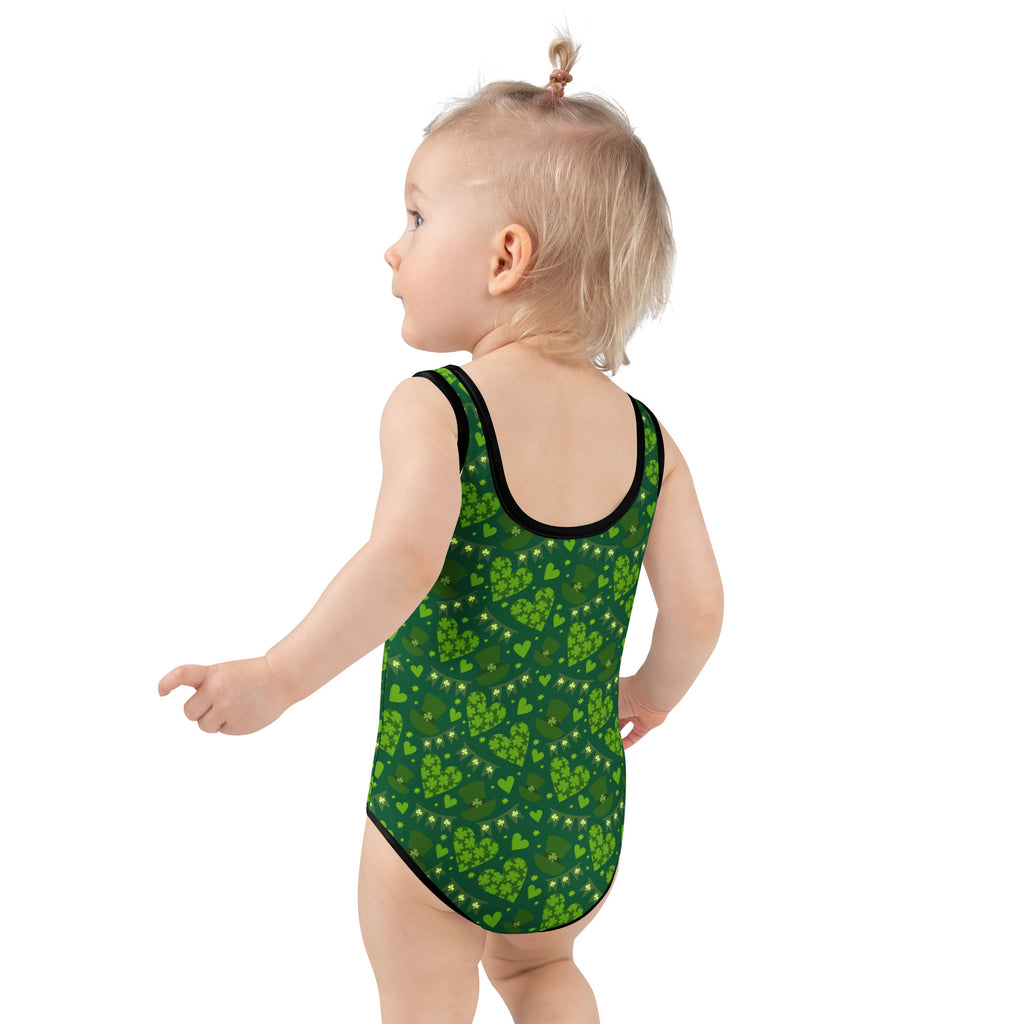 Girls green shamrock heart one-piece swimsuit with black trim buttery soft fabric upf 50 plus double layered front