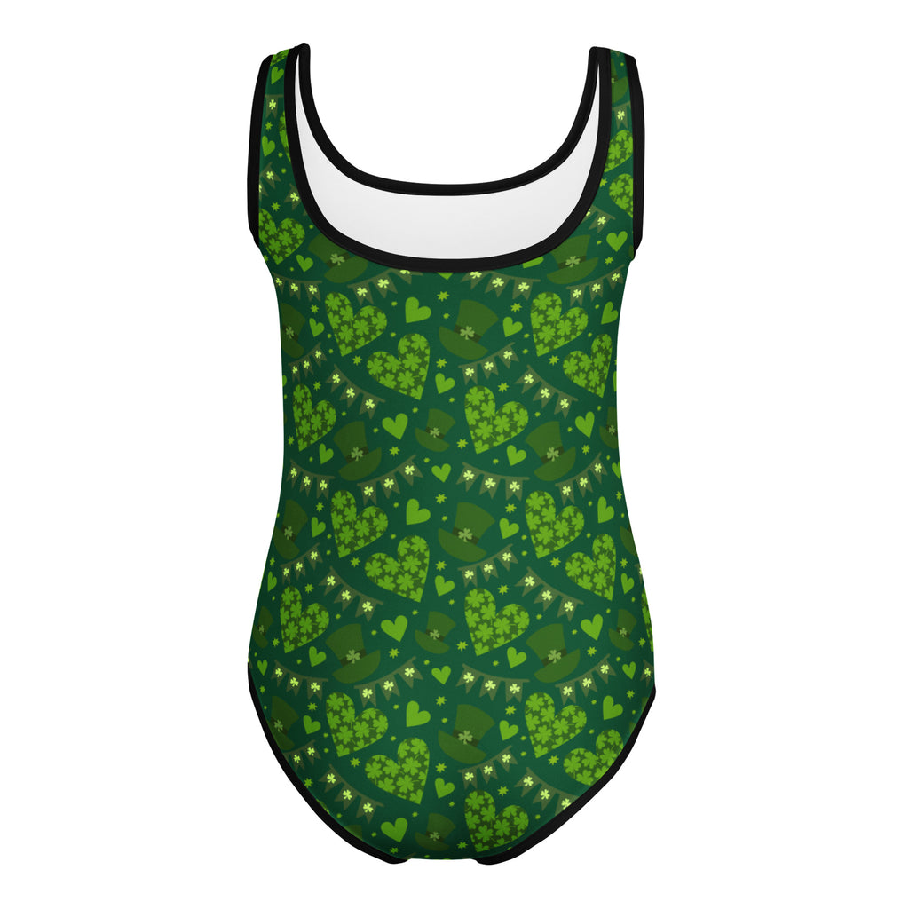 Girls green St. Patrick’s Day buttery soft quick-drying leotard with shamrocks and hearts for dance and gymnastics