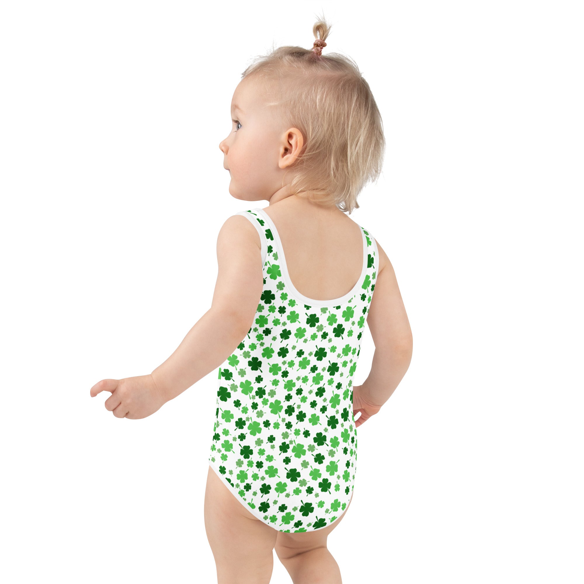 White girls one-piece swimsuit with green shamrock print buttery soft fabric and upf 50 plus protection