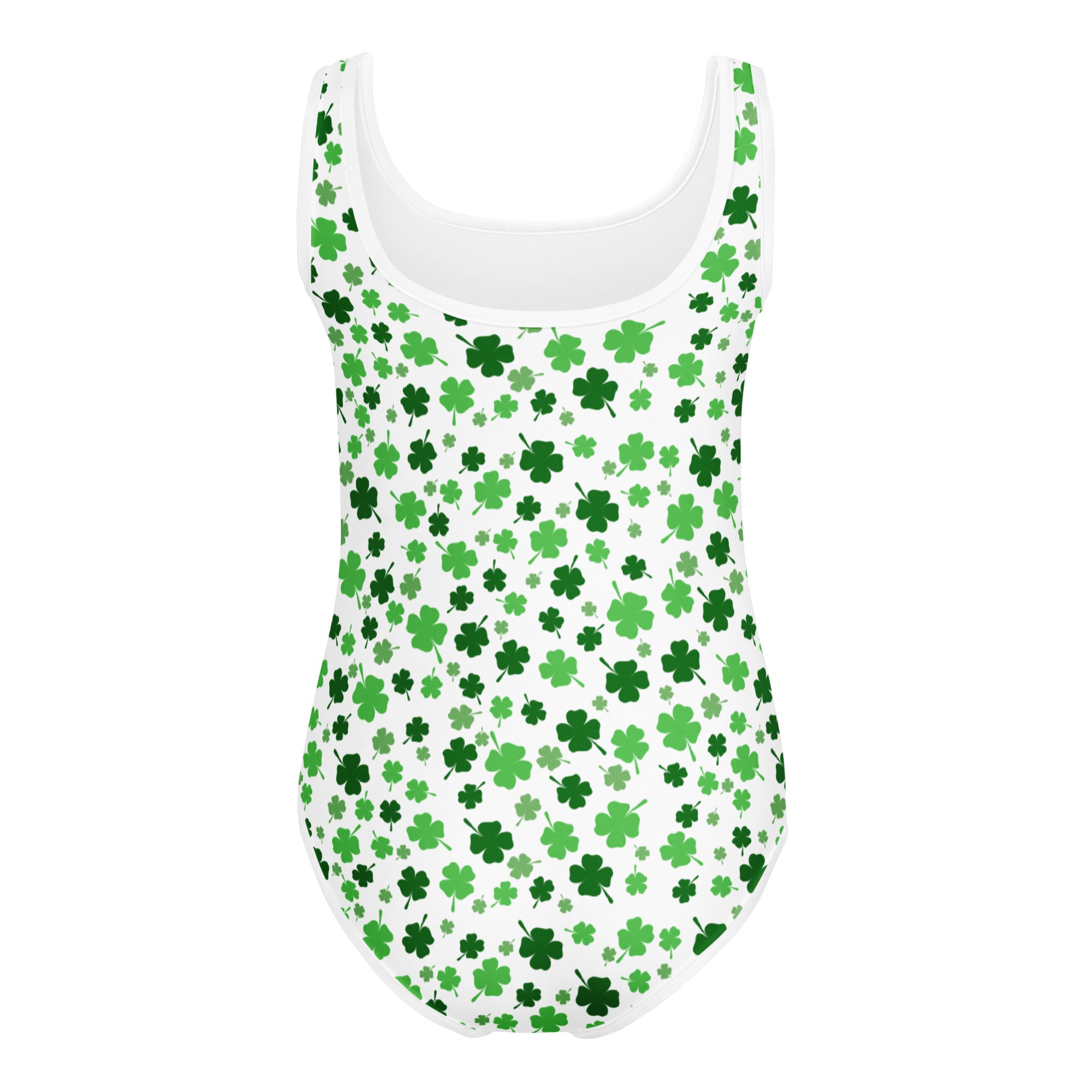 White one-piece swimsuit with vibrant green four-leaf clover pattern quick drying for dance and gymnastics