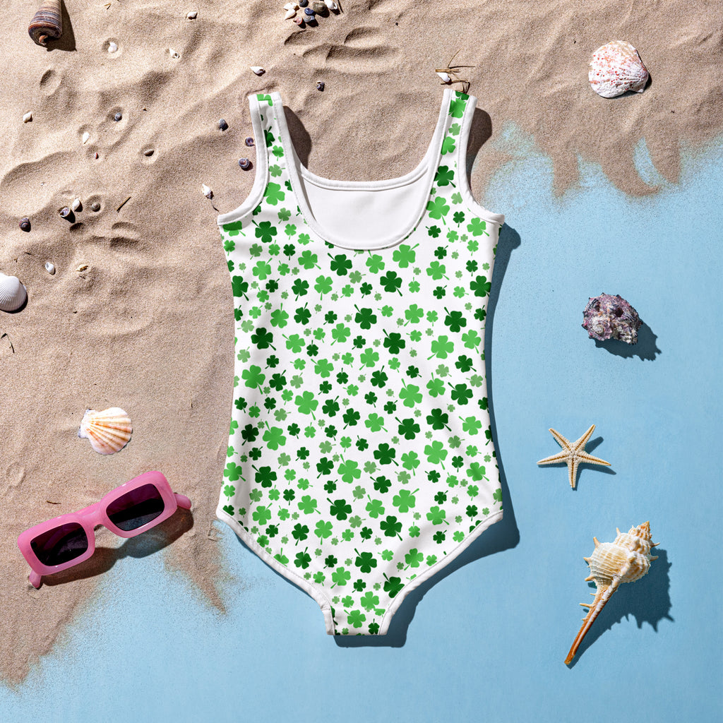 White girls one-piece swimsuit with green shamrock print buttery soft fabric and upf 50 plus protection