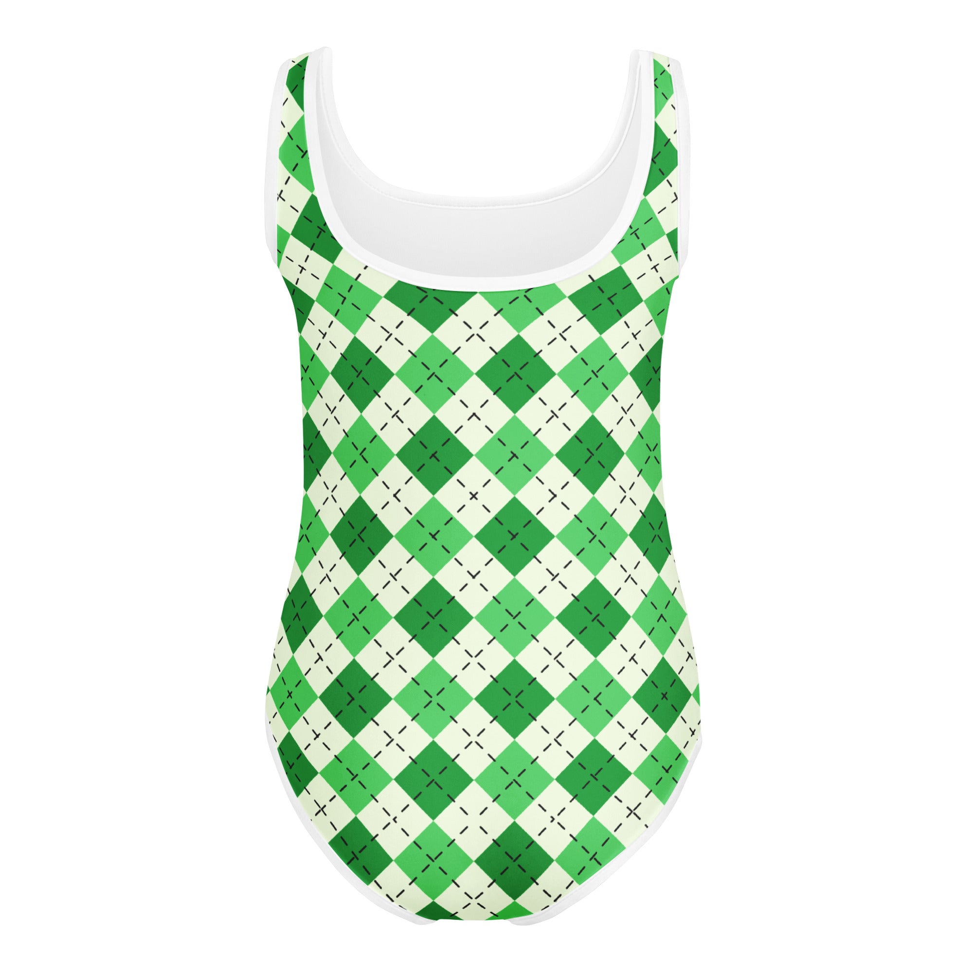 Green and white argyle girls leotard with buttery soft fabric and scoop neckline for dance and gymnastics
