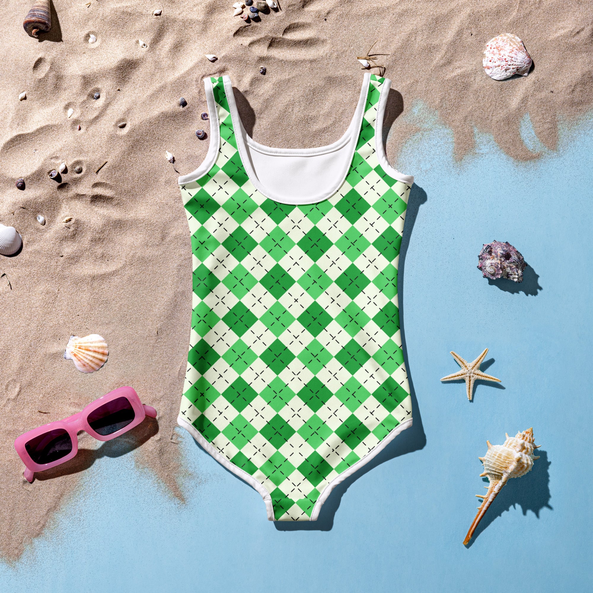 Girls green and white argyle one-piece swimsuit with scoop neckline buttery soft fabric and upf 50 plus protection