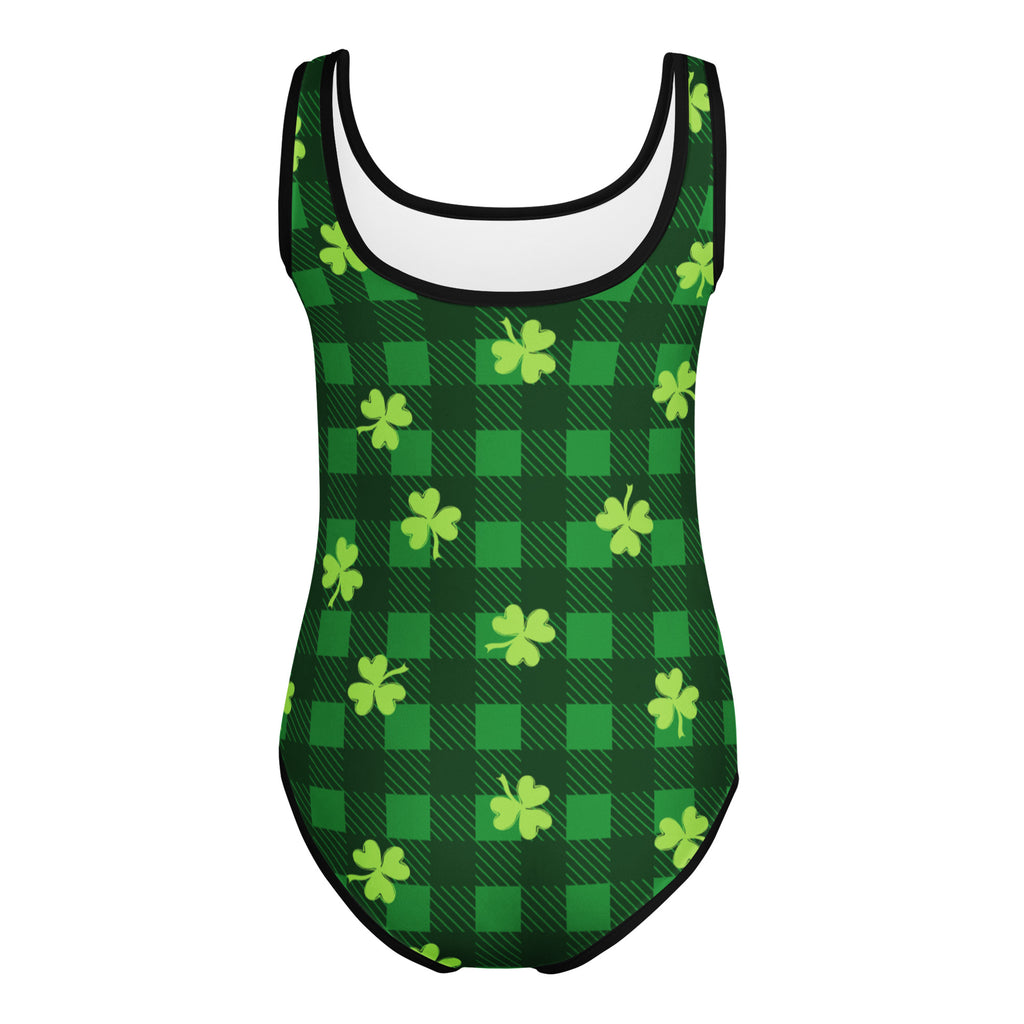 Green and lime green shamrock plaid buttery soft leotard with black trim quick drying for girls dance and gymnastics