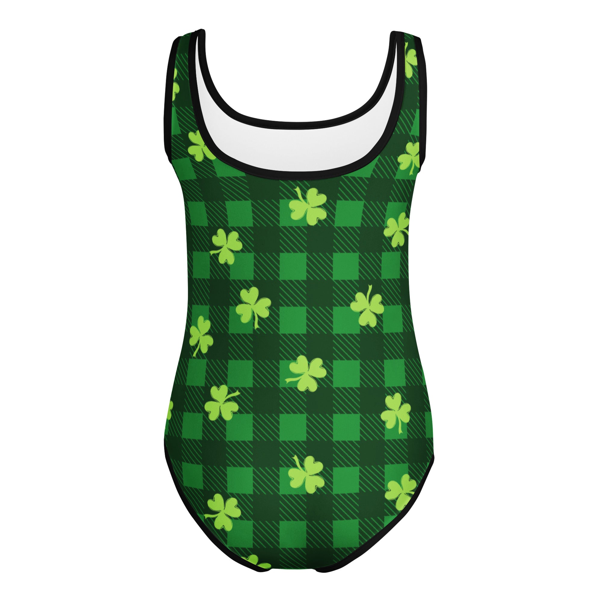 Green and lime green shamrock plaid buttery soft leotard with black trim quick drying for girls dance and gymnastics