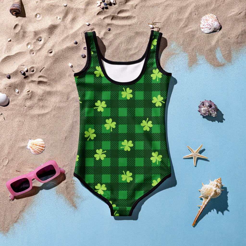 Girls green and black plaid buttery soft swimsuit with light green shamrocks double layered front upf 50 plus protection