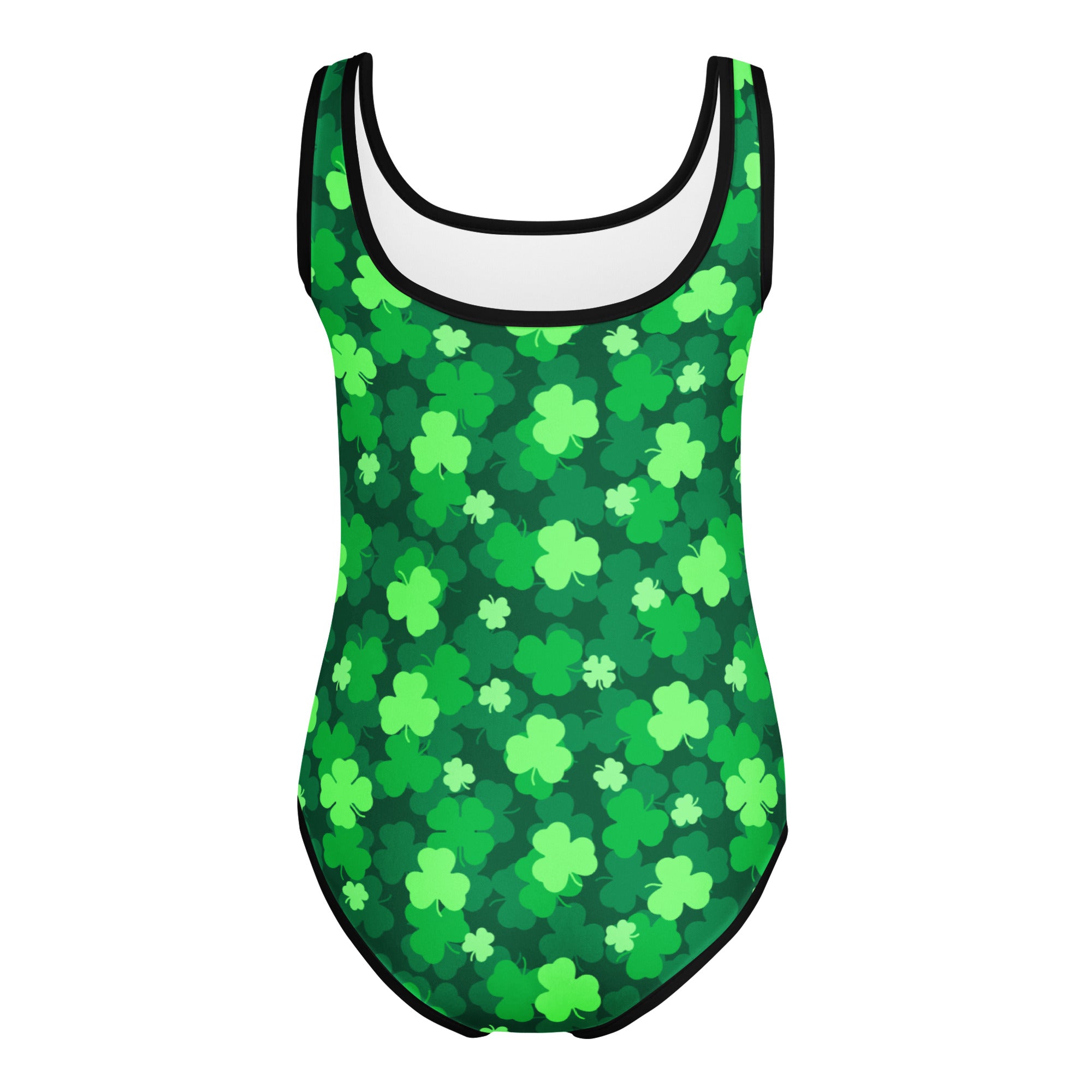 Girls st patricks day green shamrock patterned buttery soft one-piece swimsuit with black trim and white lining