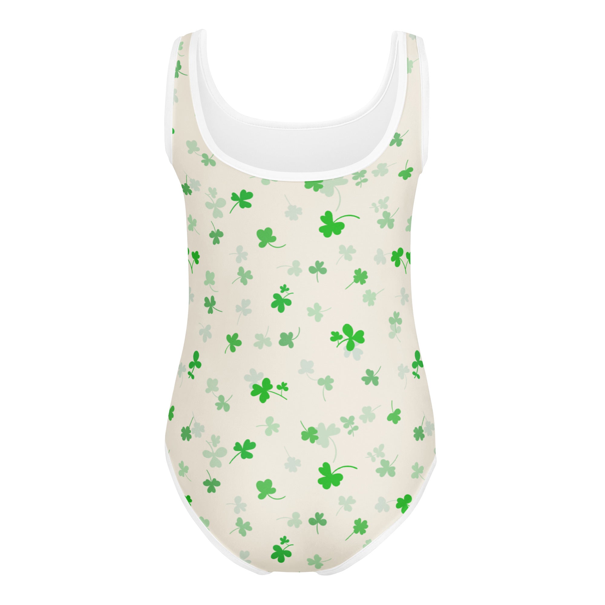 A cream-colored girls st patricks day one-piece swimsuit with white trim and green shamrock patterns for dance