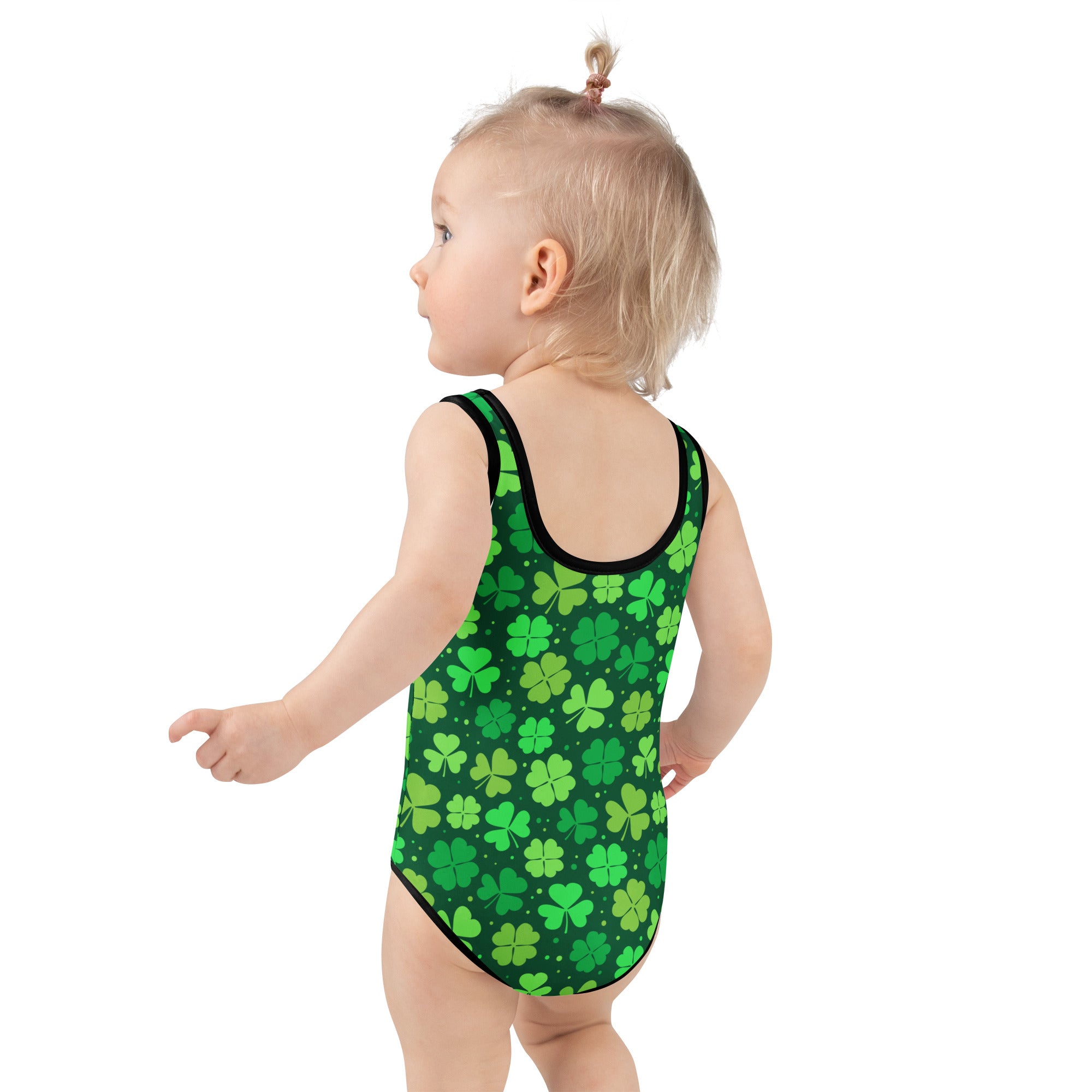 Girls dark green shamrock st patricks day buttery soft one-piece swimsuit with upf 50 plus and black trim