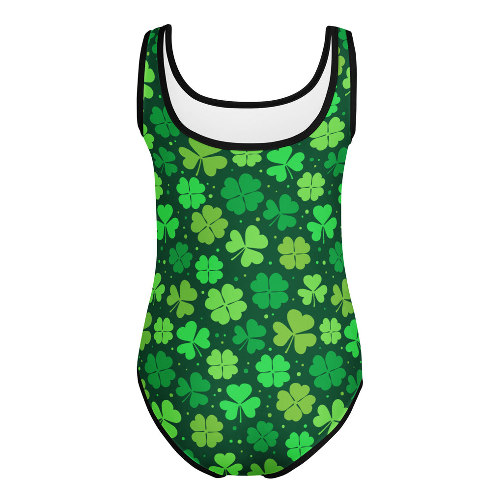 Girls st patricks day deep green shamrock one-piece swimsuit with black trim and white lining quick drying for dance