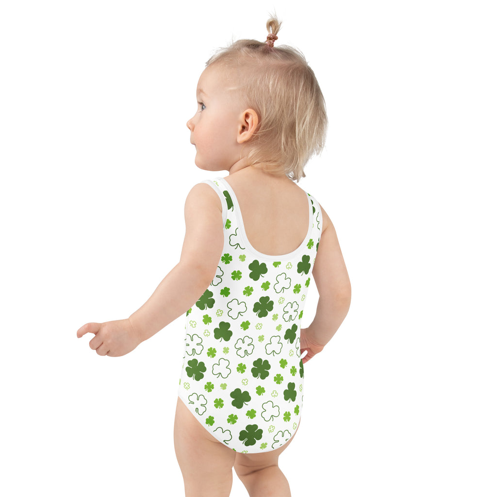White girls one-piece bodysuit with green and white shamrocks buttery soft fabric upf 50 plus double layered front