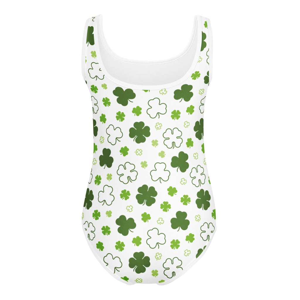 Girls st patricks day shamrock doodle buttery soft white swimsuit with green shamrocks for dance and gymnastics