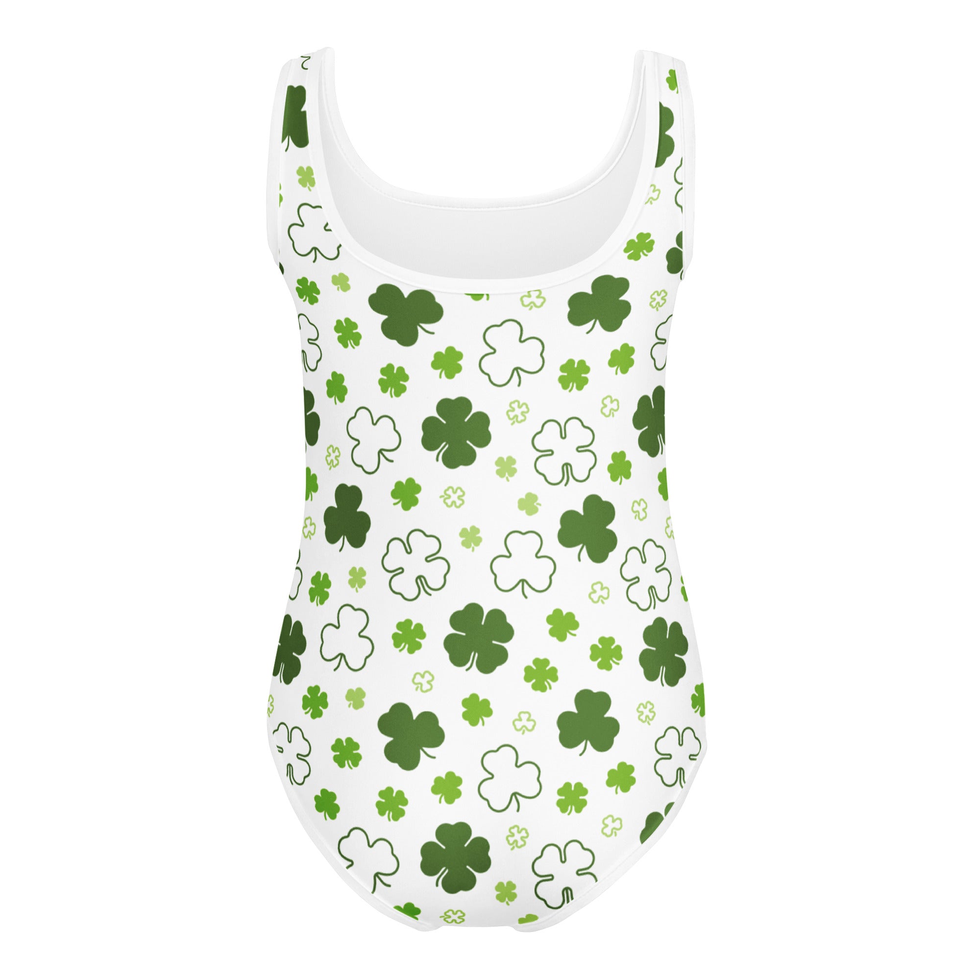 Girls st patricks day shamrock doodle buttery soft white swimsuit with green shamrocks for dance and gymnastics