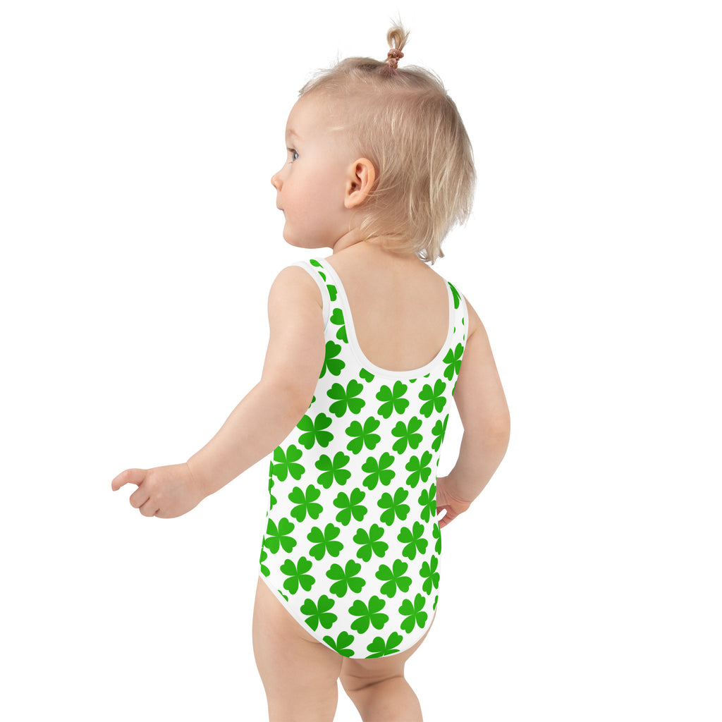 Girls st patricks day shamrock buttery soft white swimsuit with green four leaf clover pattern upf 50 plus
