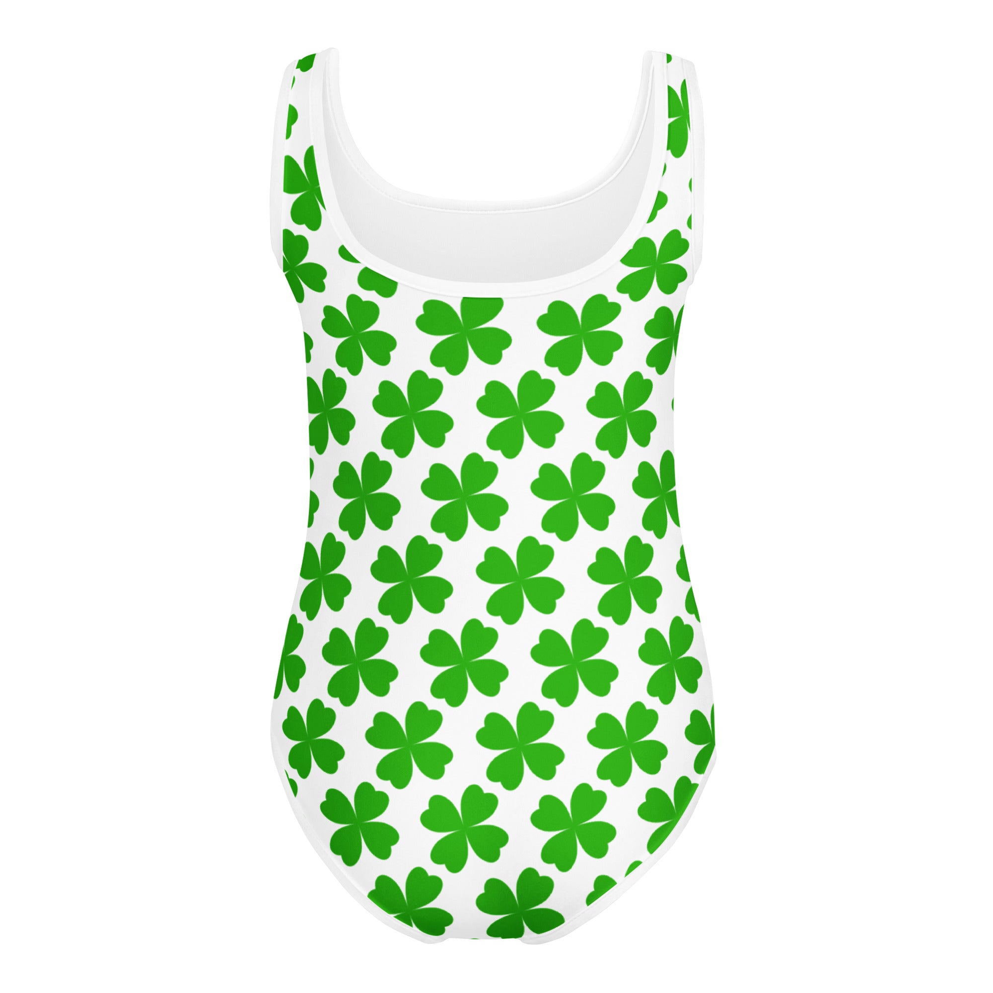 Girls St. Patrick’s Day white one-piece swimsuit with vibrant green four-leaf clover pattern quick drying and buttery soft