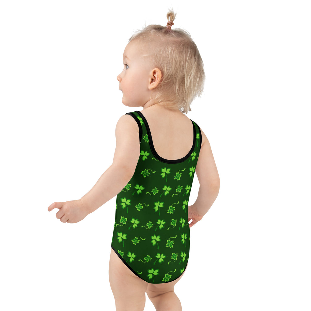 Girls dark green shamrock one-piece swimsuit with black trim buttery soft fabric and UPF 50 plus protection