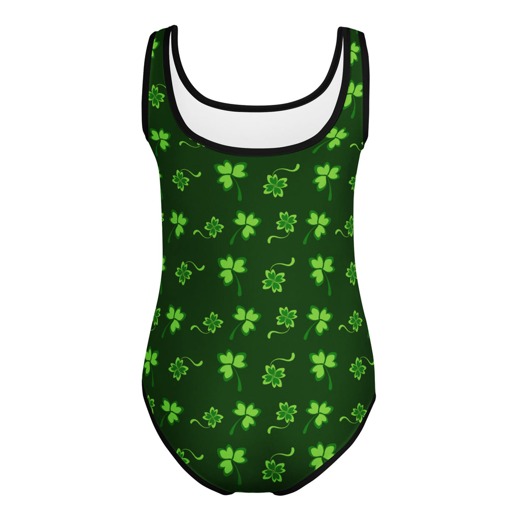Girls St. Patrick’s Day green shamrock one-piece swimsuit with black trim quick drying buttery soft leotard for dance