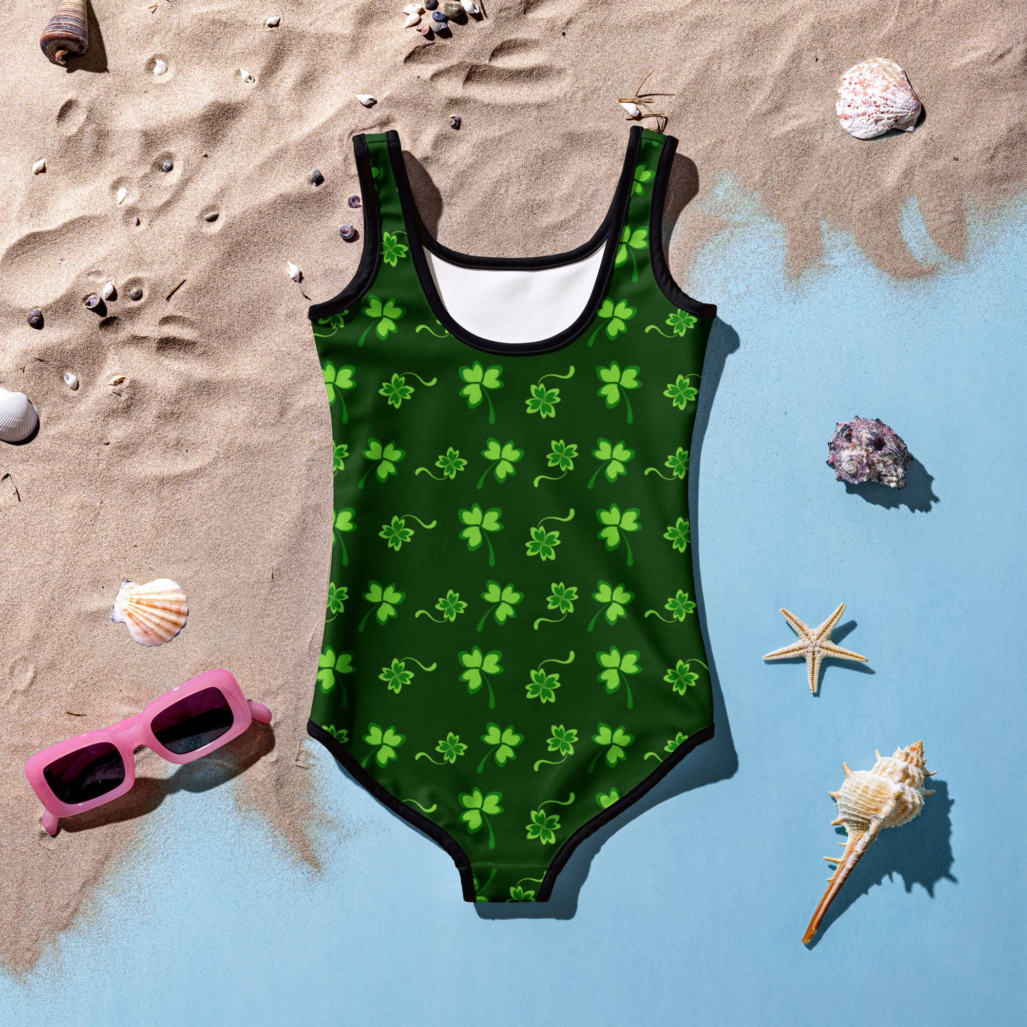 Girls dark green shamrock buttery soft one-piece swimsuit with black trim and upf 50 plus sun protection