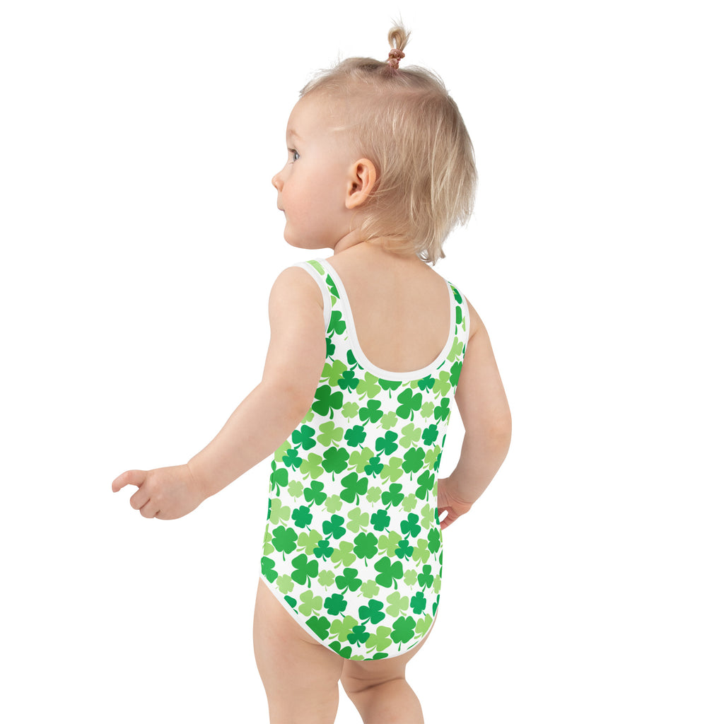 Girls st patricks day buttery soft white swimsuit with green shamrocks double layered front UPF 50+ protection