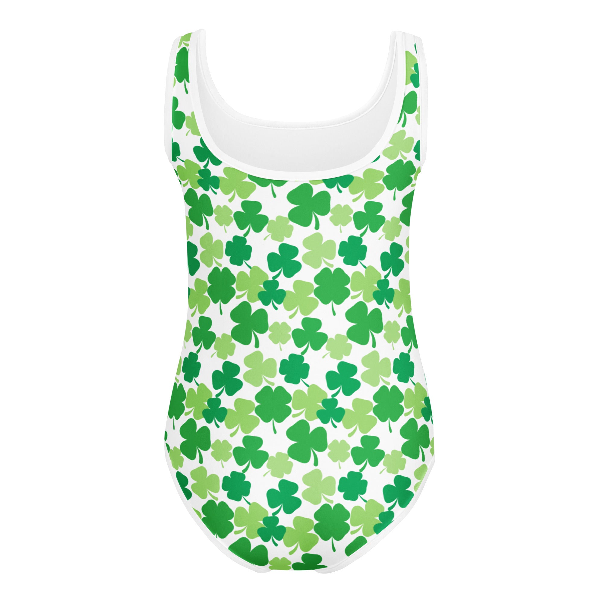 Girls st patricks day shamrock themed white one piece swimsuit with green shamrocks buttery soft quick drying