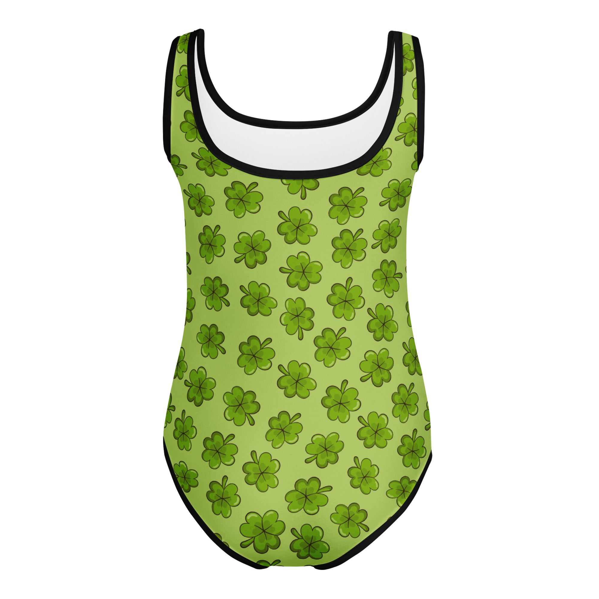A lime green girls one-piece leotard with black trim and four-leaf clover pattern for dance and gymnastics
