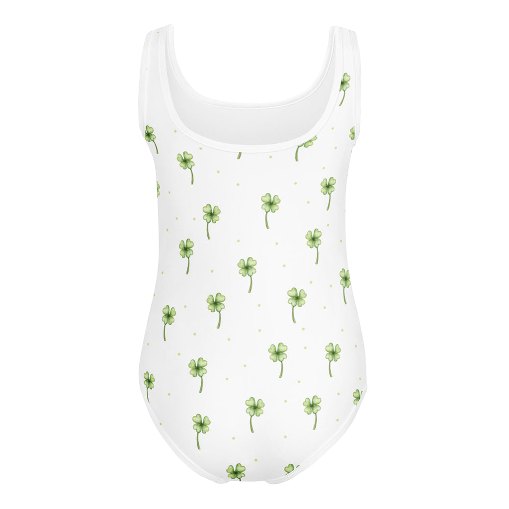 Girls st patricks day white one-piece swimsuit with green four-leaf clovers and gold dots quick drying for dance