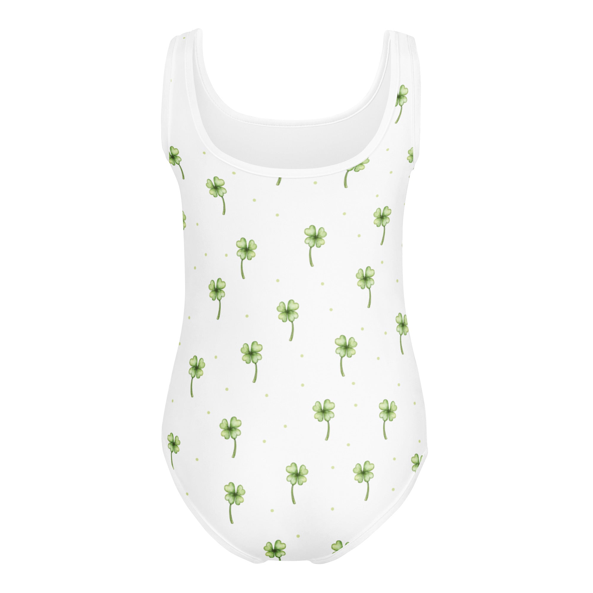 Girls st patricks day white one-piece swimsuit with green four-leaf clovers and gold dots quick drying for dance